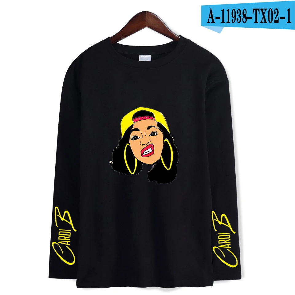 Cardi B стильная мягкая женская футболка с круглым воротником популярный классный хип-хоп классический хипстер Harajuku Уличная Повседневная футболка с длинными рукавами - Цвет: black