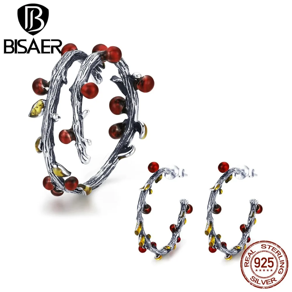 BISAER, 925 пробы, серебряные ювелирные изделия, набор, дерево жизни, ветка, листья, лист, кольца для женщин, Свадебные Ювелирные наборы, ювелирные изделия из стерлингового серебра