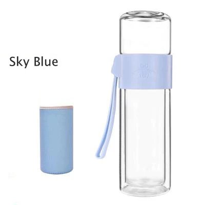 sky blue add cover Офисная деловая стеклянная бутылка для воды, портативная стеклянная бутылка с двойными стенками для чая, креативная прозрачная стеклянная Подарочная бутылка - Цвет: sky blue add cover