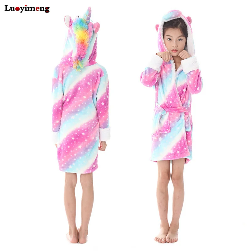 Детский зимний банный халат с изображением панды и единорога для девочек Пижама