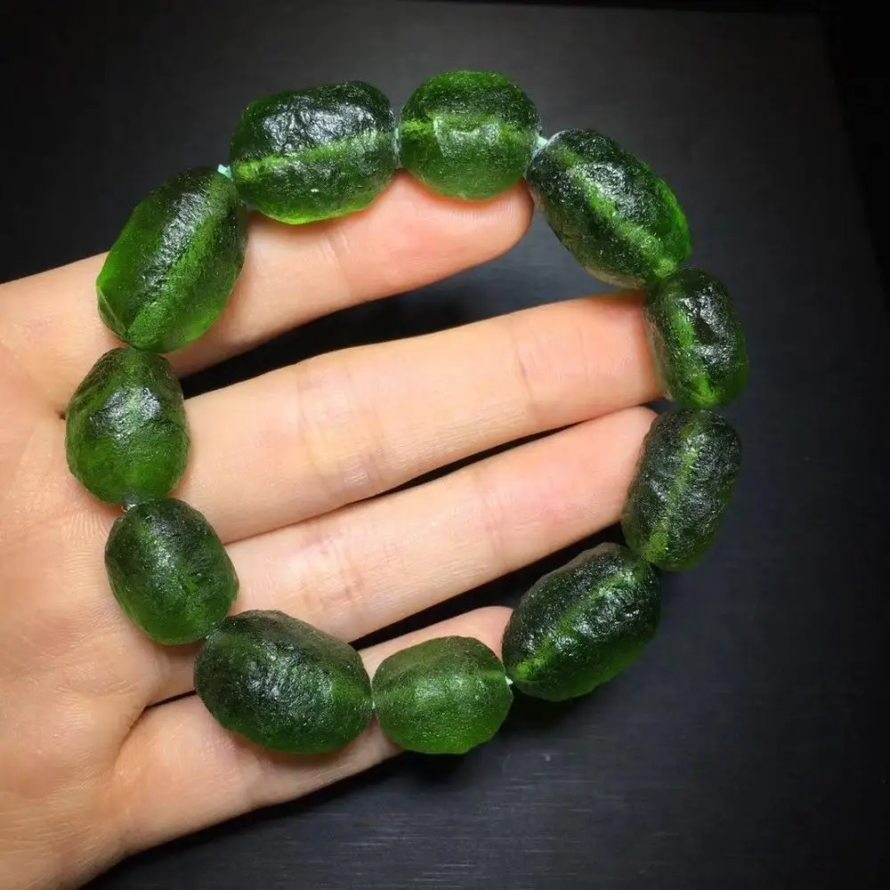

13mm Green GEM MOLDAVITE Meteorite Impact Glass Bead Bracelet