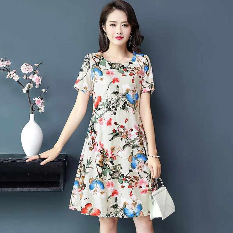 

New Style Summer Dress Sweet Printed Fashion Women Dress Cotton silk Short sleeve Dress Leisure Big yards Loose Women Dress L947