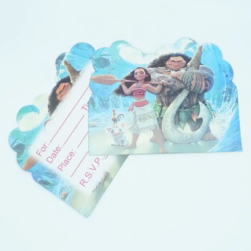 cards 10pcs Мультфильм Моана товары для вечеринки Дети День Рождения Салфетка бумажные тарелки стаканчики соломенная табличка флаг/плакат с приглашением карты попкорн коробка - Цвет: cards 10pcs