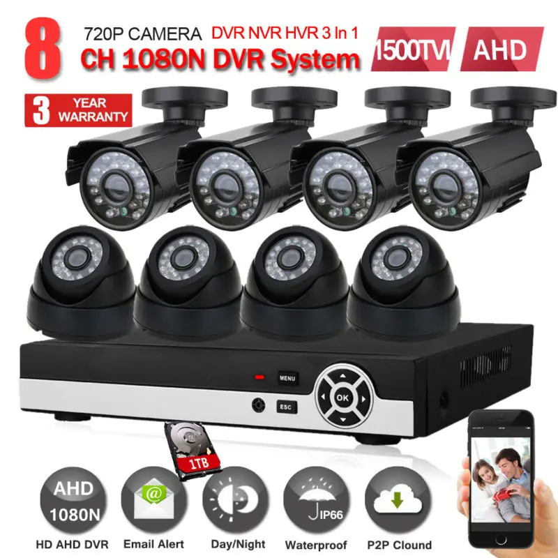 JORANK 8CH 720P AHD DVR 8 шт. 1500TVL ИК Ночное Видение наружная CCTV камера 24 светодиода домашняя