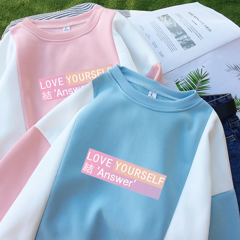 Для женщин Harajuku толстовки осень Bangtan альбом Love Yourself ответ сладкий цвет блок лоскутное толстовки с капюшоном Прямая поставка