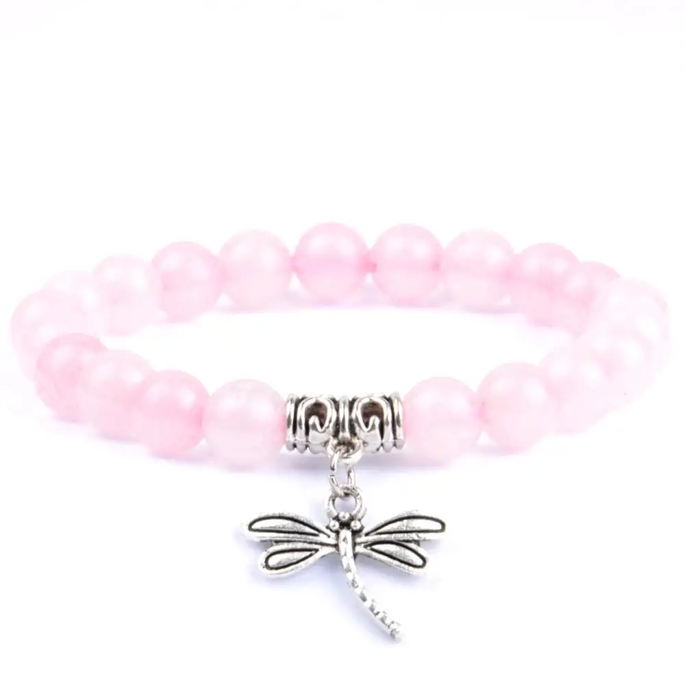Rose Quartz Модные женские браслеты классические очаровательные стрекозы натуральный черный белый камень из бисера мужские подарочные браслеты и ювелирные изделия женский браслет - Окраска металла: Rose Quartz