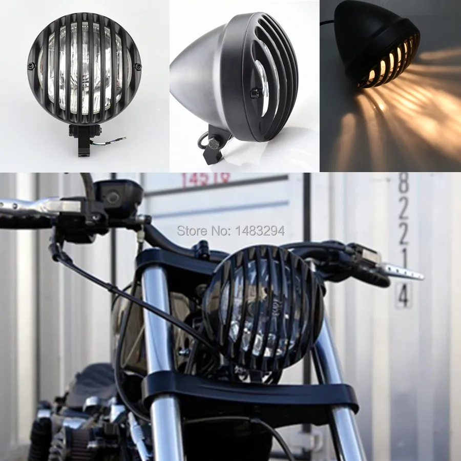 

6.3 inch Black Grill Headlight 55W H4 Hi/Lo lamp Fits For Harley Davidson Sportster 883 1200 XL 883N Chopper Bobber