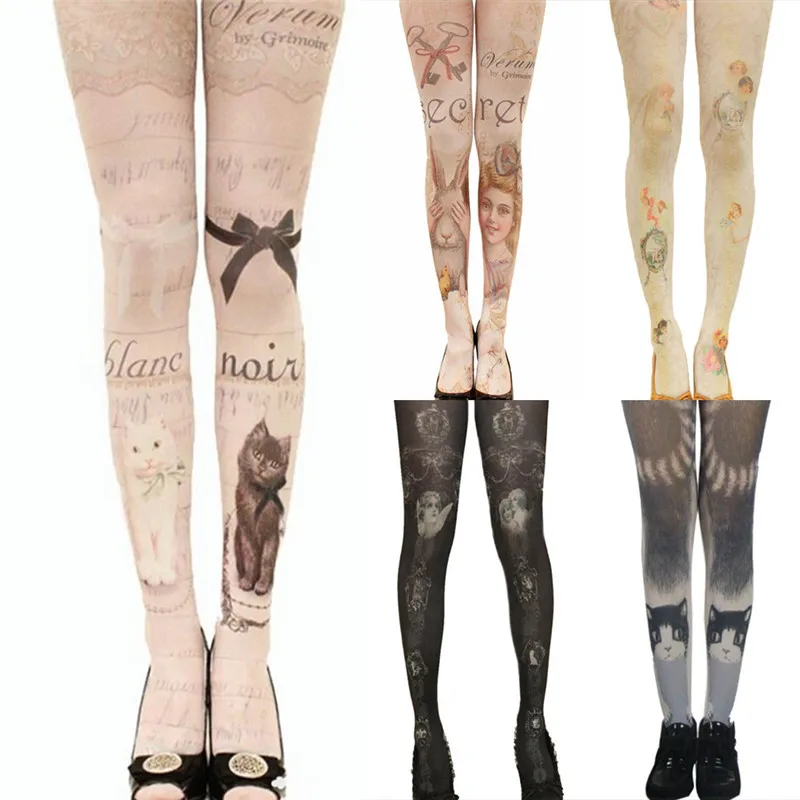 

Women Tights With Cats Harajuku Tattoo Cat Pantyhose Female Fancy Stocking Medias Party Pants For Women pantyhoses Lolita