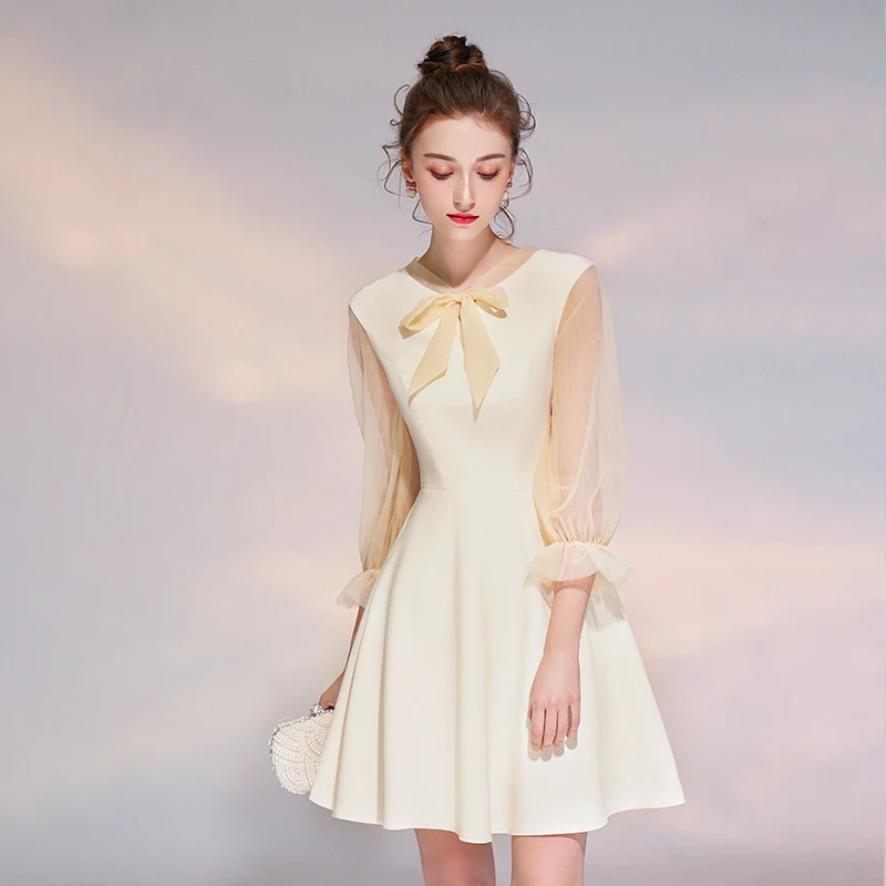 SSYfashion лук 3/4 рукава молния сзади длиной выше колена Мини Шампанское Элегантные