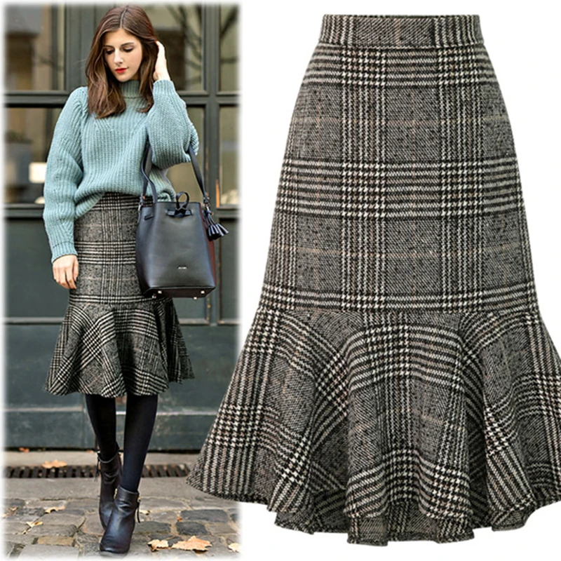 Newest Women High Waist Plaid Trumpet Skirts Female Elegant Lace Up Midi Gray Mermaid Skirt Casual winter Clothing For Girl | Женская