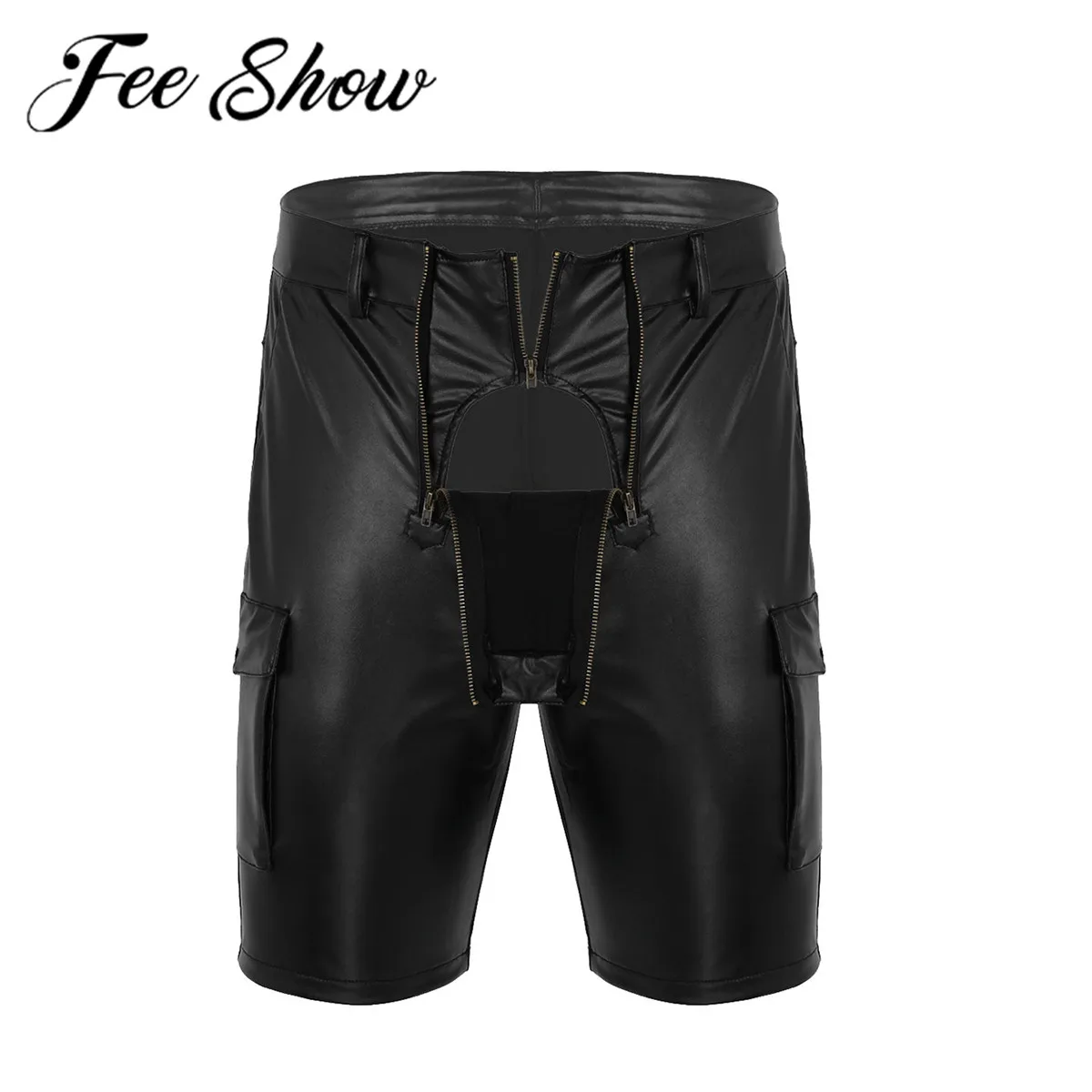 Мужские черные блестящие повседневные шорты из искусственной кожи на молнии