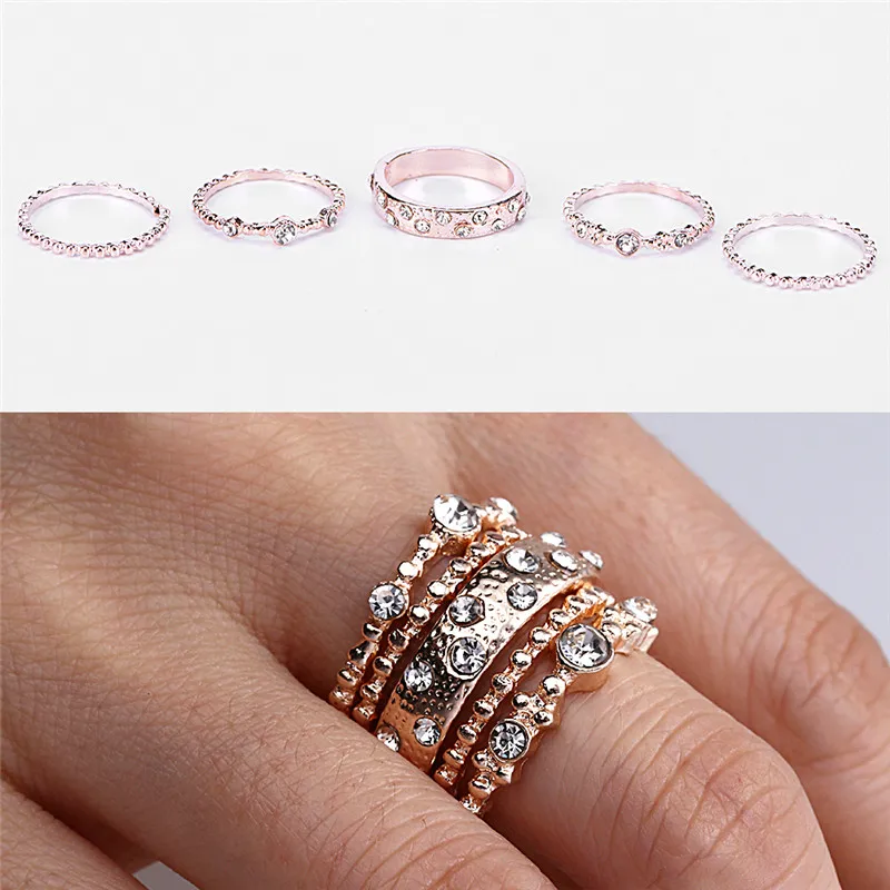 Набор из 5 сверкающих колец с кристаллами розового золота|Кольца| |