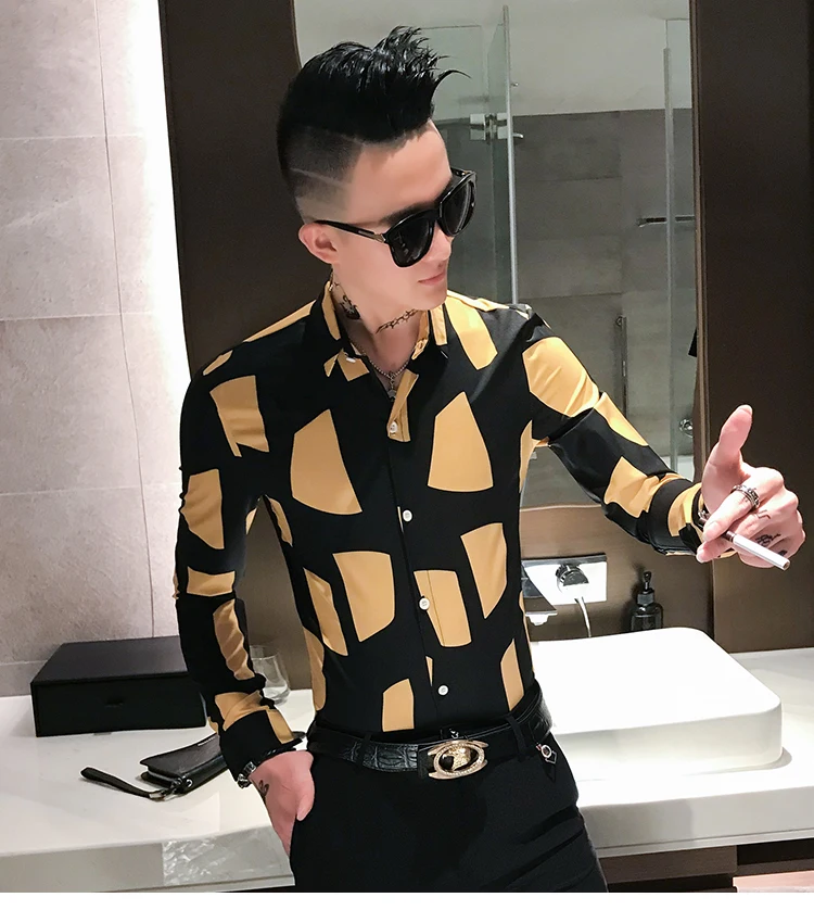Chemise Homme, фирменная Новинка, мужские рубашки с длинным рукавом, с индивидуальным принтом, приталенная рубашка, мужская рубашка, повседневная, для ночного клуба, Social, смокинг, мужской