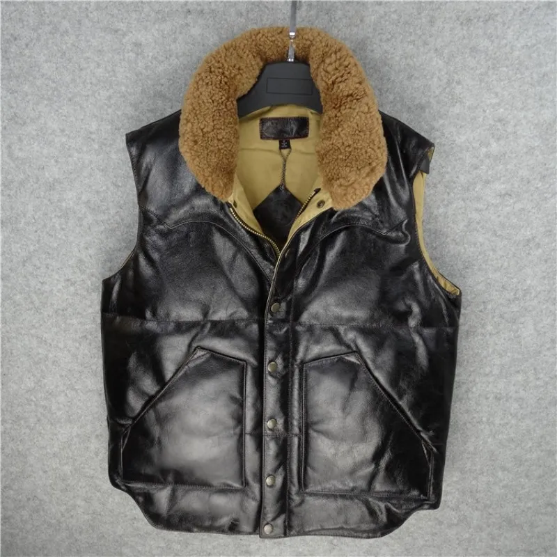black cowhide Harajuku Мужская Зимняя шерстяная куртка с воротником, 90% белый утиный пух, без рукавов, Байкерский жилет из натуральной кожи, повседневный кожаный жилет, пальто - Цвет: black cowhide