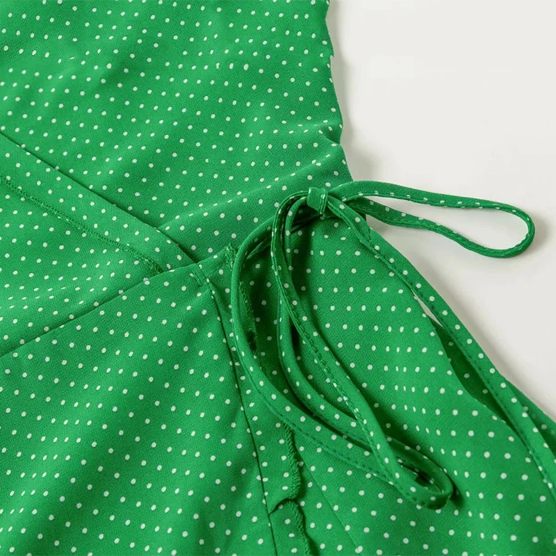 

Women Summer Sexy V-Neck Green Dot Vintage Chiffon Dress A-Line High Waist Mini Ruffle Dresses 2019 New