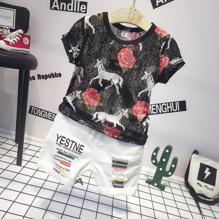 boys sets 2018 cotton flower mesh shirt+casual hole pants 2pcs boy clothes roupas infantis menino kids children clothing |