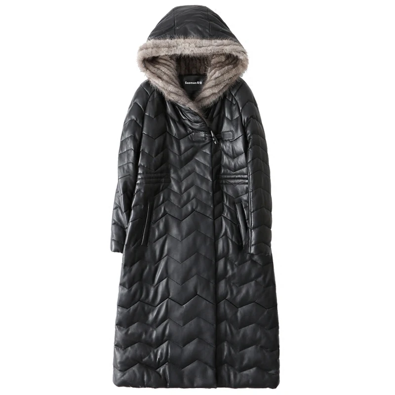 2020 зимний кожаный пуховик Женское пальто с длинным рукавом капюшоном теплое из