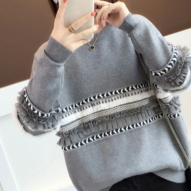 light gray Direcly2018 женский Однотонный свитер с кисточками и кружевами, Женский Повседневный свободный свитер, женская рубашка, осенняя и зимняя одежда - Цвет: light gray