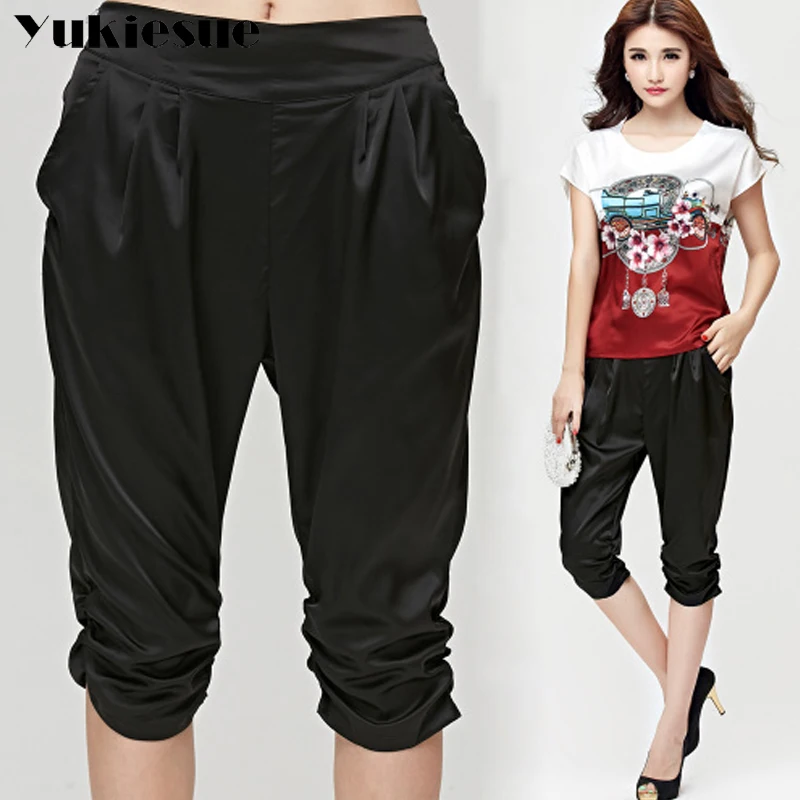 Silk harem pants capris women 2018 summer high elasitc waist loose rayon casual womens trousers pantalones mujer Plus size | Женская