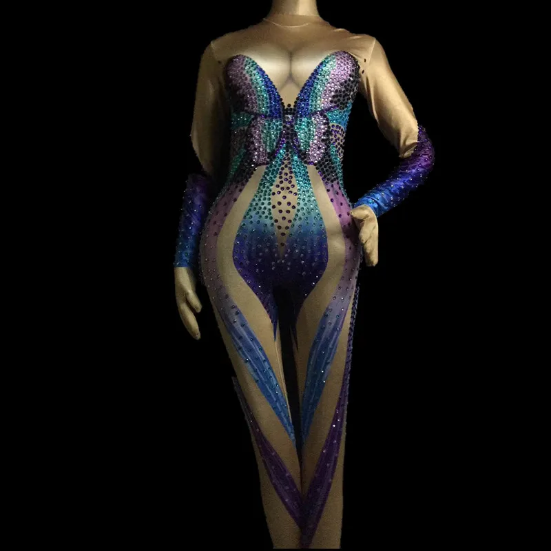 

Women New Sexy Butterfly Pattern Blue Sparkling Rhinestone Jumpsuit Celebrate Nightclub Party Singer Stage Wear Costume Outfit
