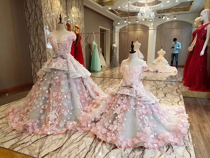 LS83920 evening gown zipper back beaded organza ball gown long evening dress abendkleider lang pink flowers grey robe de soiree