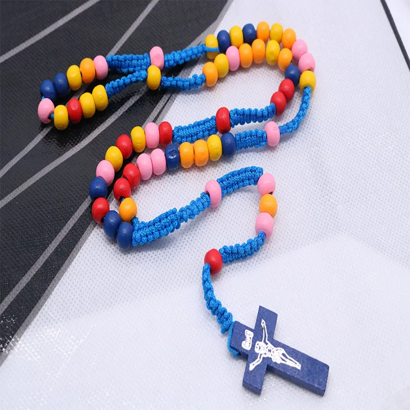 8 мм плетеная веревка голубое деревянное ожерелье четки из бусин с изображением