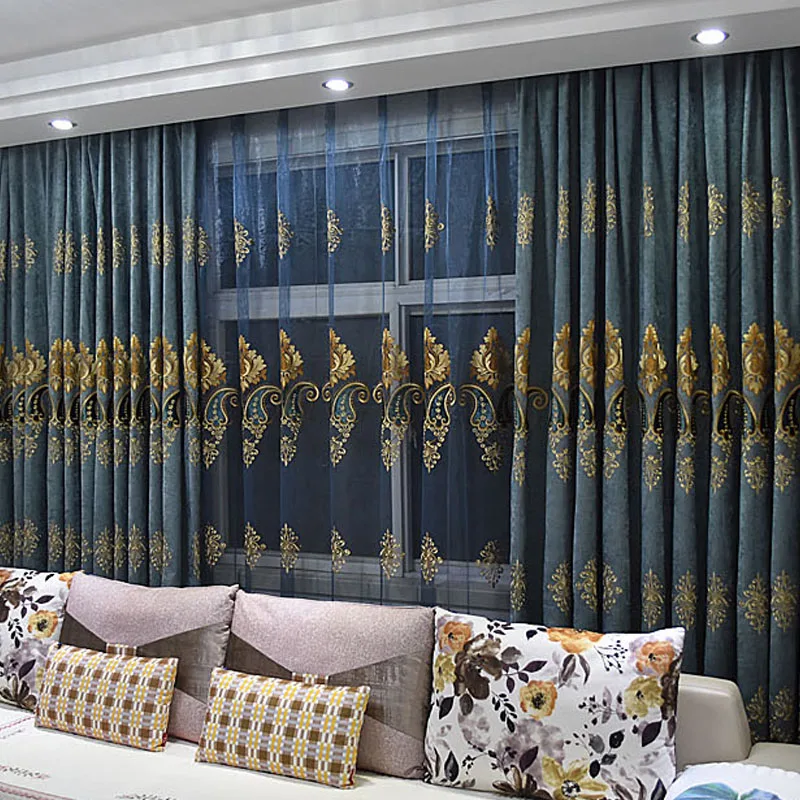 

Helen Curtain Blue Embroidered Curtain For Living Room Blackout Chenille Window Curtain Embroidered Tulle Curtain EuropeanPanel