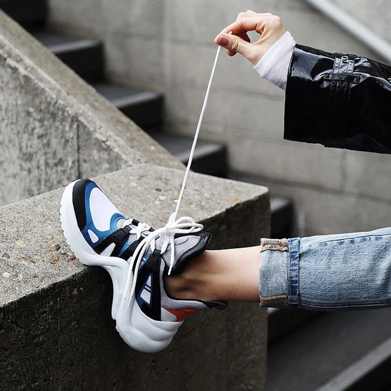 Women Sneakers Mixed Color Lace Up Platform Shoes 2019 Couple Street Style Daddy | Обувь