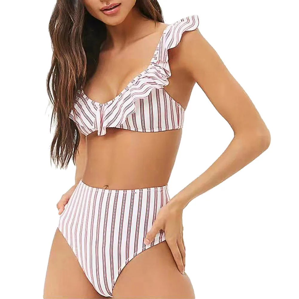 Полосатый Бандаж с открытой спиной пуш-ап Мягкий пляжный Холтер Бикини Купальник