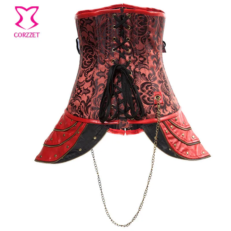 Женский корсет в готическом стиле красный стимпанк с косточками бюстье