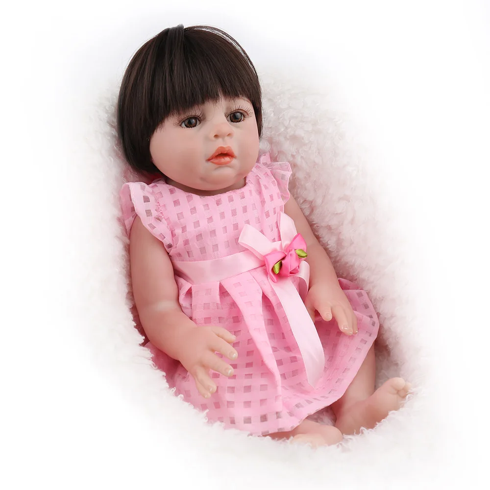 NPKDOLL Reborn Baby Doll девочка Babe Boneca 17 Дюймов Полное виниловое розовое платье принцессы черные парики Мягкий силиконовый подарок на день рождения