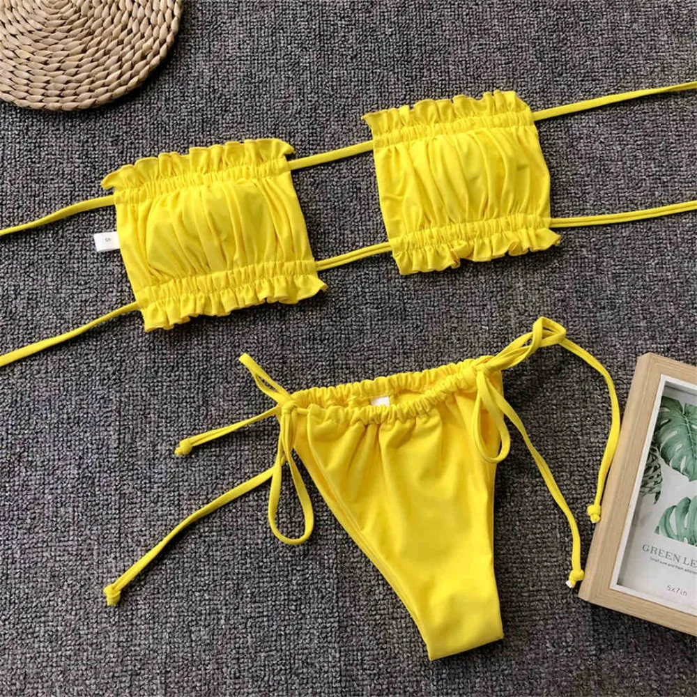 New Pleated Bandeau Brazilian Bikini 2021 Swimsuit Female Swimwear Women Two-pieces set Bather Bathing Suit | Женская одежда