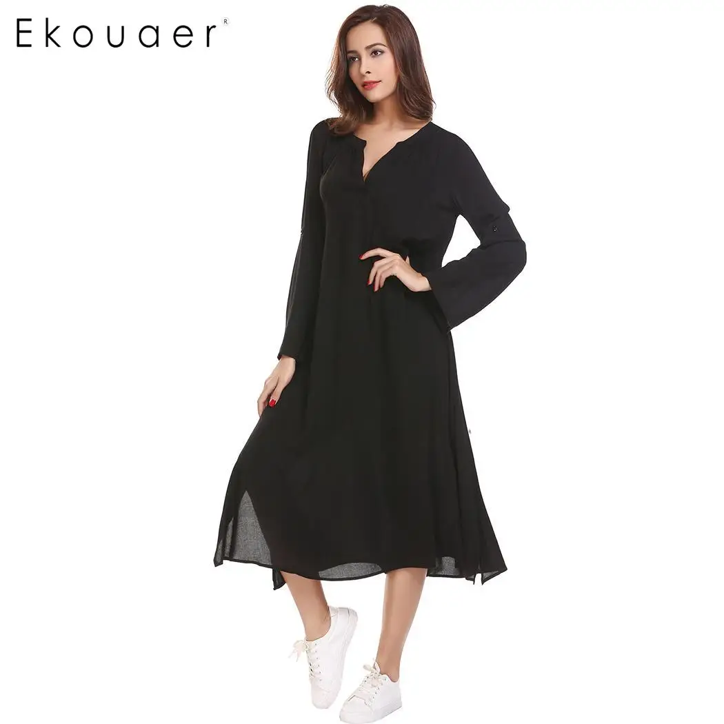 Ekouaer ночная рубашка с длинным рукавом для женщин вырезом Расклешенным осенняя