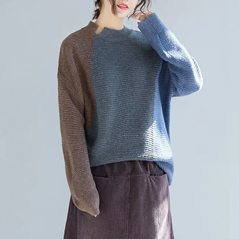 Mferlier Thick Womens Sweaters O Neck Long Sleeve Chic Panelled Patchwork Pullover Loose Casual Ladies Artsy Winter Warm Sweater | Женская