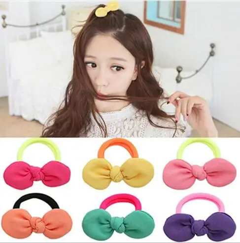 f 117 Korean version of the new cute fluorescent color hit hair rope Chiffon soft rabbit ears bow ring factory direct | Украшения и