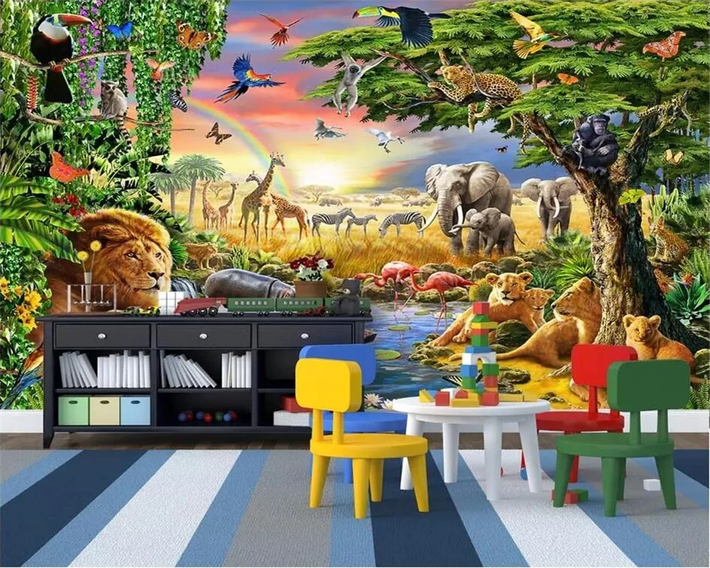 

beibehang Custom wallpaper 3D cute cartoon colorful grassland animal lion zebra children background wall paper papel de parede