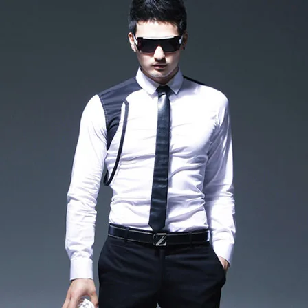 Новинка 2016 Мужская одежда черно белая рубашка в стиле пэчворк мужская