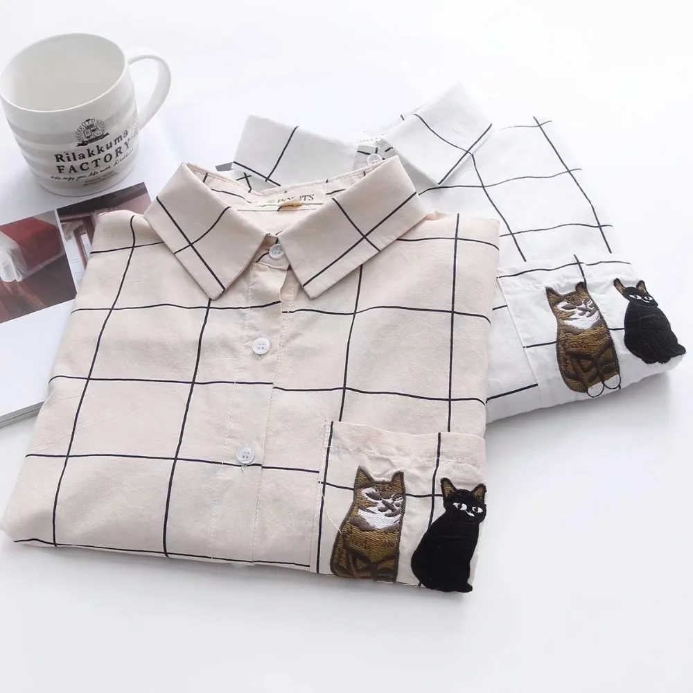 plaid Cute pocket cat embroidery long sleeve shirt blouse mori girl 2018 spring |
