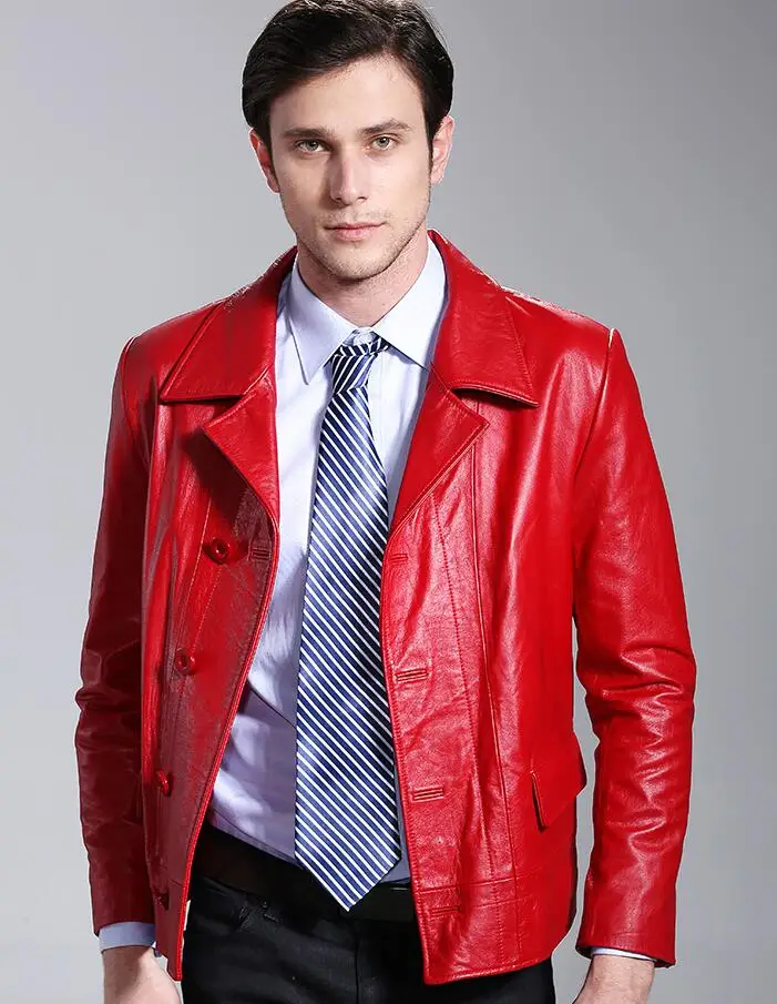 Мужская кожаная куртка Красная приталенная из натуральной телячьей кожи