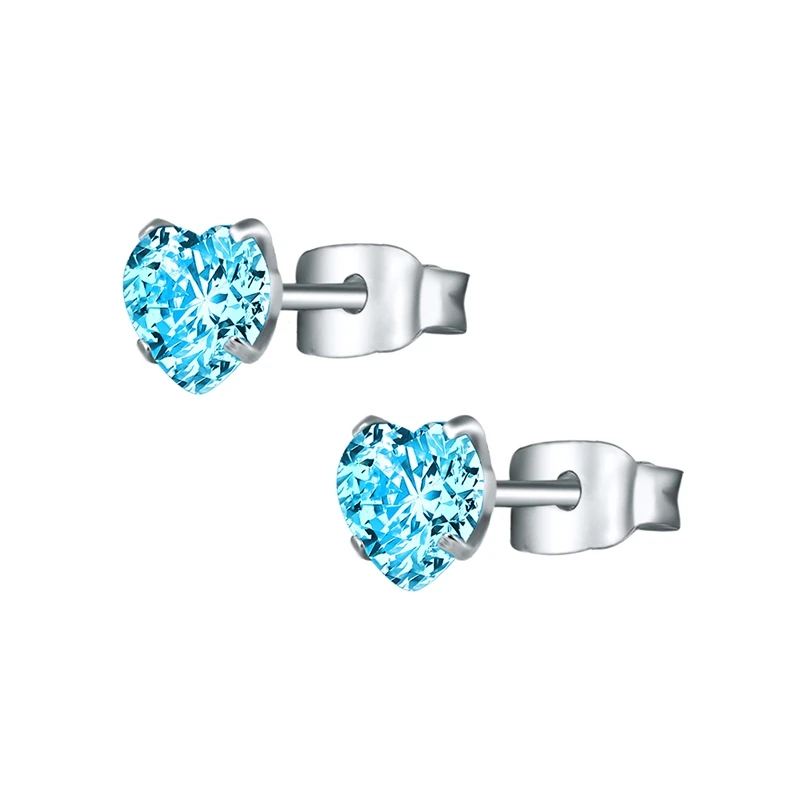 Light Blue Heart 3-8 мм маленькие серебряные золотые серьги с камнями CZ кристалл серьги-гвоздики хирургическая сталь кубический цирконий спираль серьги женские аксессуары - Окраска металла: Light Blue Heart