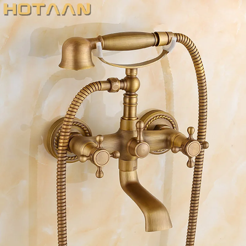 

Free shipping Bathroom Bath Tub Wall Mounted Hand Held Antique Brass Shower Head Kit Shower Faucet Sets YT-5328-A