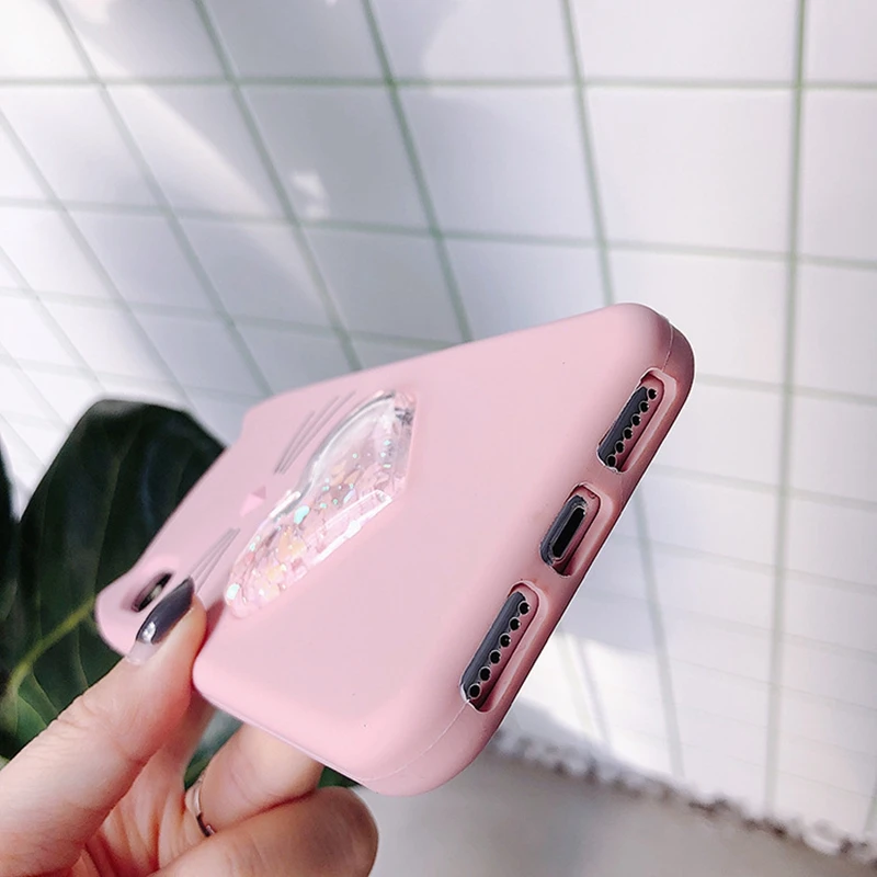Tfshining Cute Liquid heart quicksand Cases Cover For Iphone XR XS Max 7 8 6 6s Plus X 3D Cartoon Beard Lucky Cat Silicone Case |