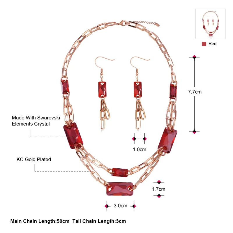 Набор украшений с кристаллами Neoglory красная длинная цепочка золотого цвета