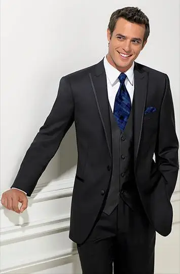 

Wholesale Peak Lapel Two Buttons Black High quality Groom Tuxedos Suit Noble Wedding Men's suits ( jacket+Pants+vest+tie)