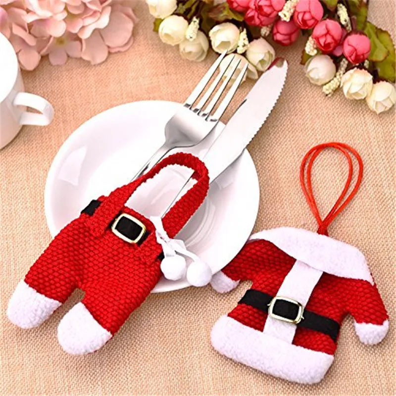 

6Pcs/Set Christmas Table Decorations Santa Suit Christmas Silverware Holder Pockets Dinner Flatware Holders For Home Decoration