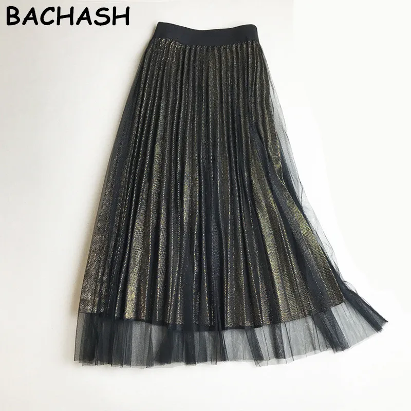 BACHASH золото с полосатой сеточкой юбка 2018 Для женщин Высокая Талия Повседневное