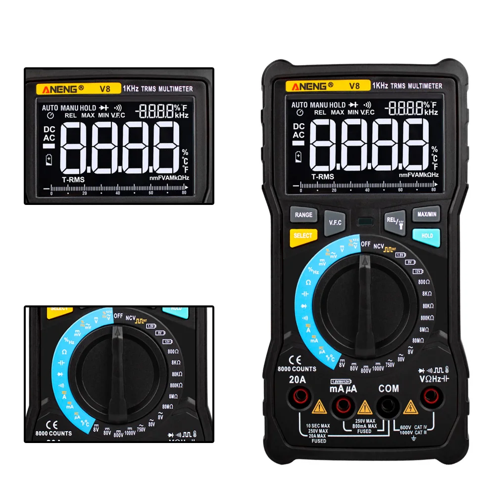 V8 True RMS Digital Multimeter Auto Range 8000 Counts Display V.F.C Inverter Measurement Analog Bar Graph Wire Power Meter teste |