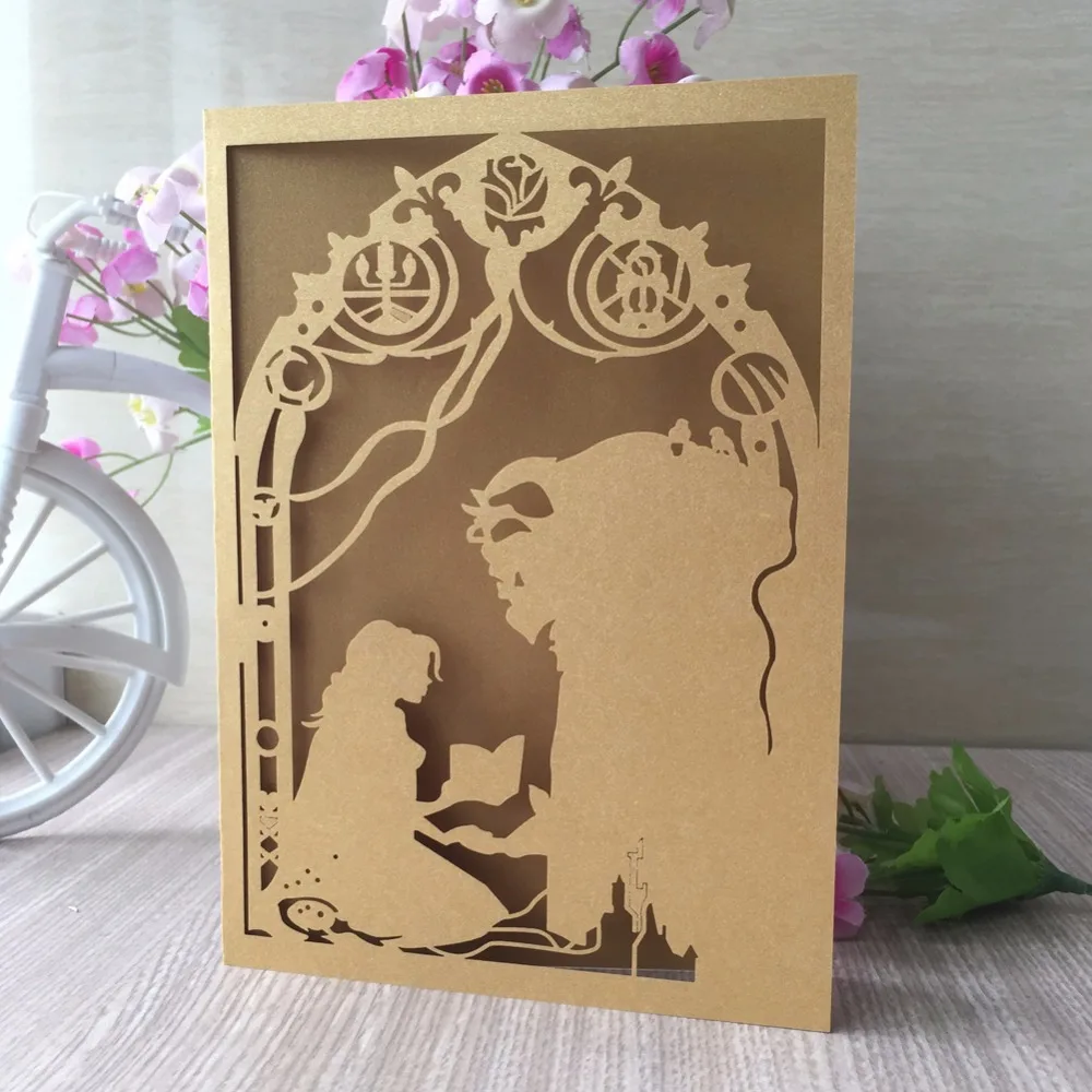 

100pcs Unique Luxury Greeting Gift Cards Laser Cut Pearl paper Shiny paper Pretty Girl Vintage Party Wedding Invitation cards