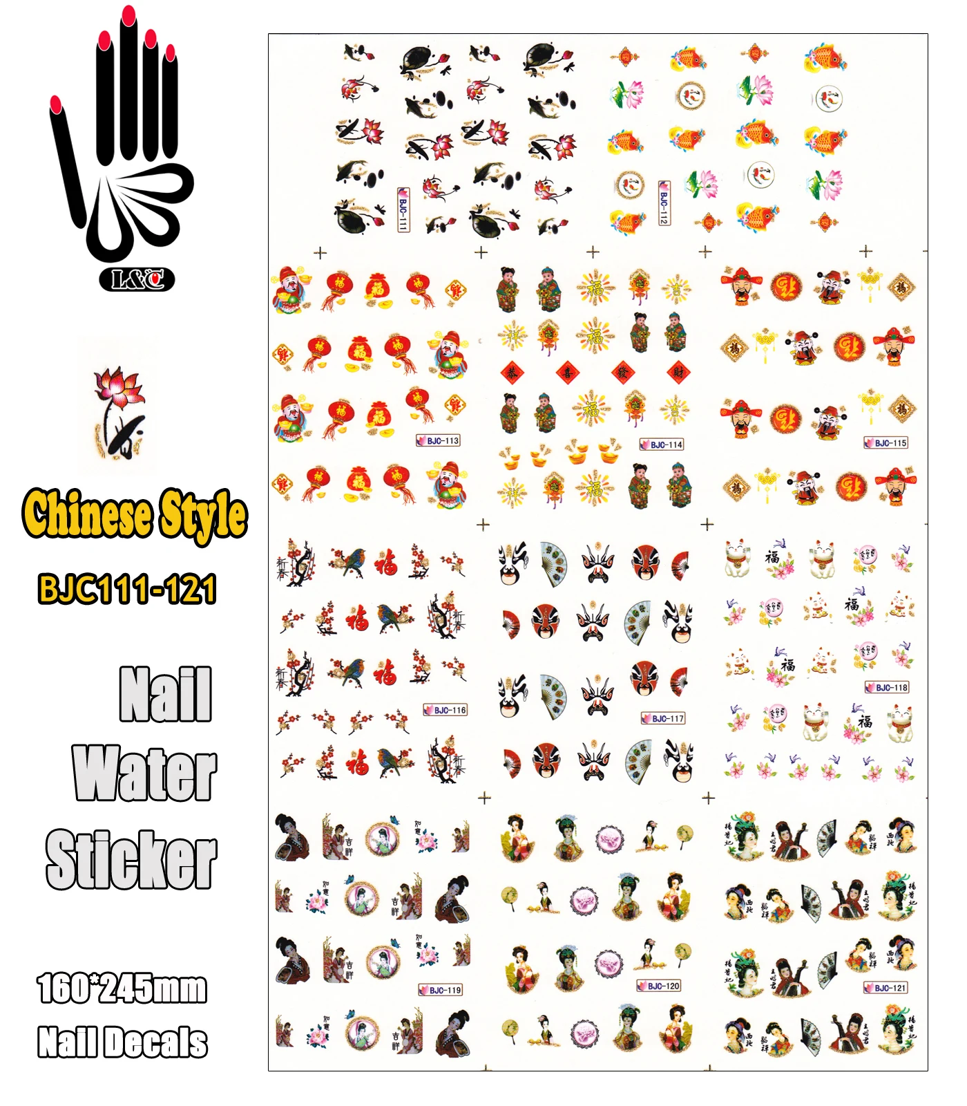 

11 листов/Lot дизайн ногтей наклейки BJC111-121 блестящие китайские стили наклейки для дизайна ногтей Водные Наклейки для татуировки ногтей (11 вид...