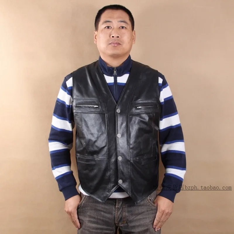 New Men's Waistcoat Genuine Leather Reporters Suit More Than Pocket Quinquagenarian Men Cow Vest Tops Sleeveless Jacket | Мужская
